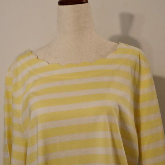 Talbots NWT XL Pima Cotton Tee Yellow White Stripe Scallop Neck Soft Top - Picture 2 of 10